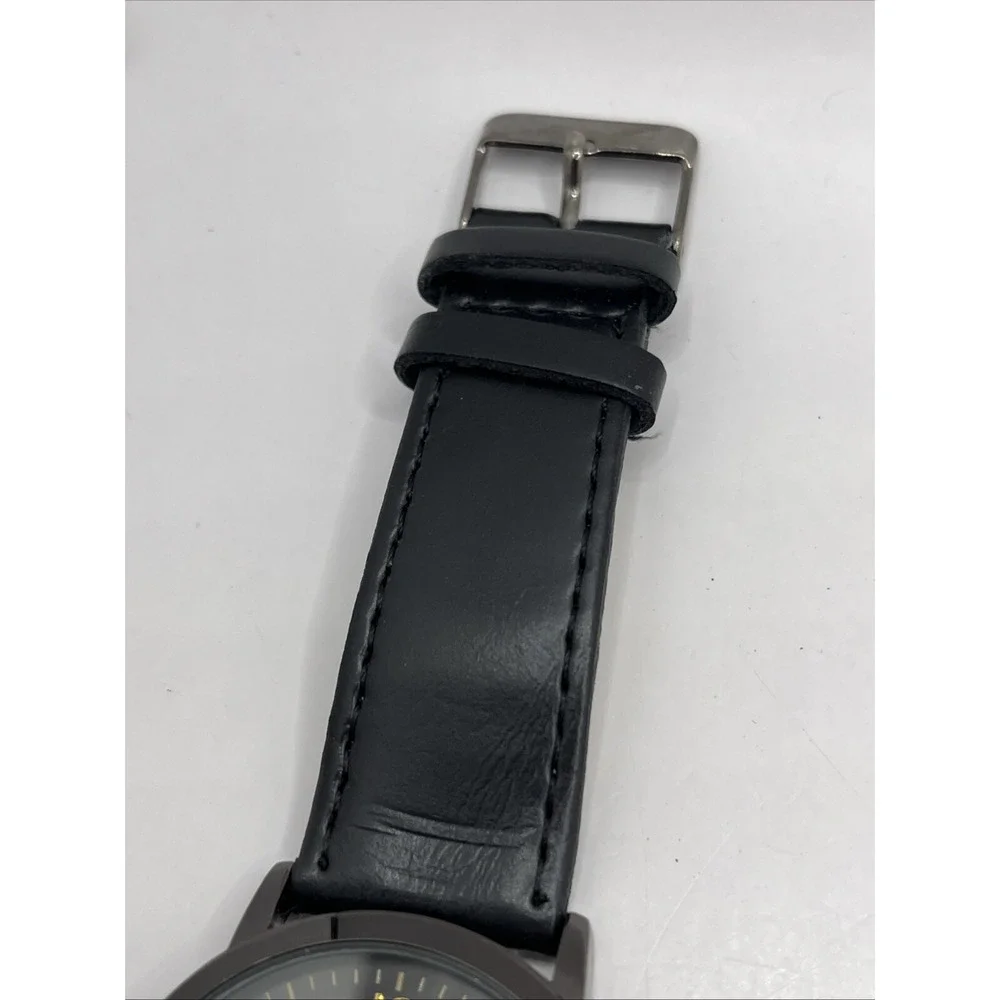 Men's Quartz Watch Black Faux Leather Band Silver‎ 42mm Case- New Battery